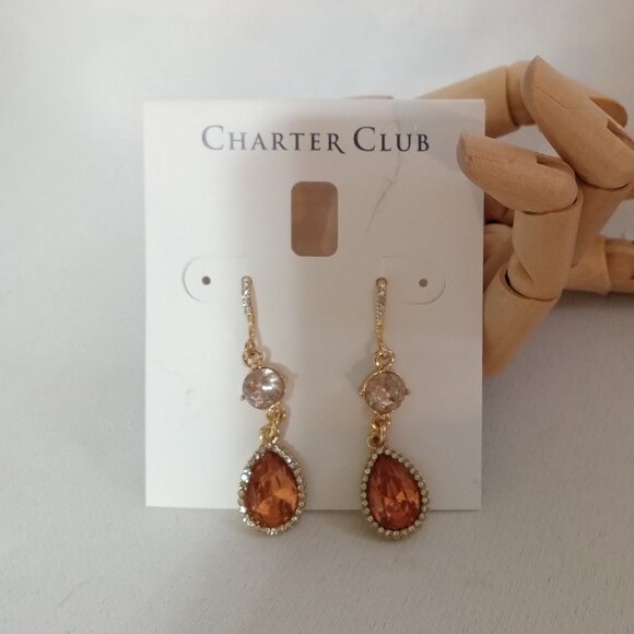 Champaign Pink and clear stone gold tone drop earrings - Picture 2 of 8